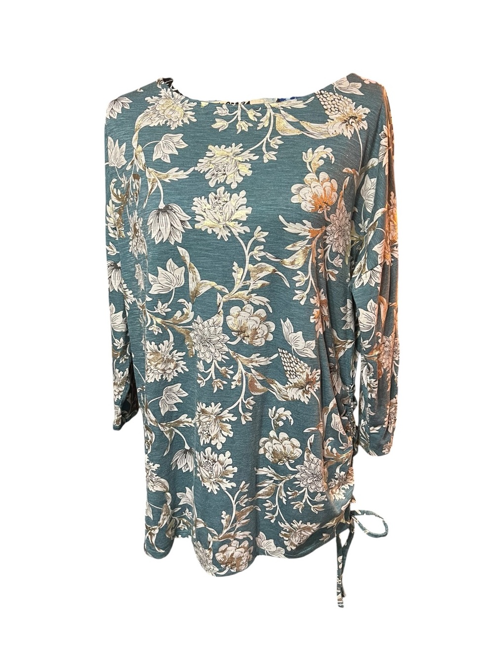 Green White Floral Gold Accent Business Casual Dainty Blouse Side Hem Tie Sz L